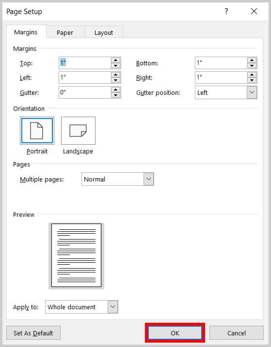 OK button in the Page Setup dialog box in Word 365