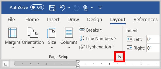 Page Setup dialog box launcher in Word 365