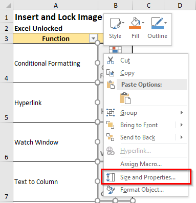 Right-Click Size and Properties Option