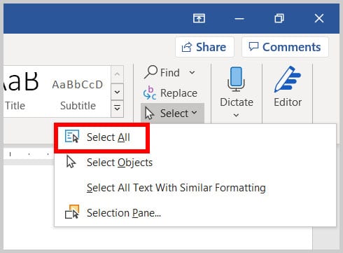 Select All in Word 365