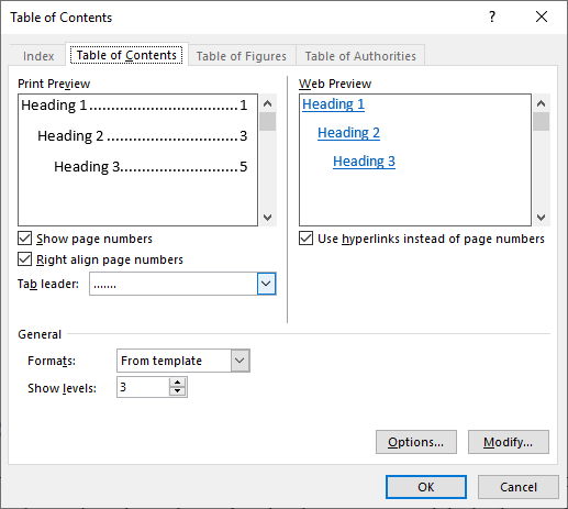 Table Of content Dialog