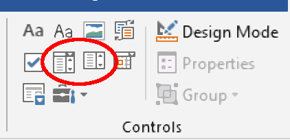The Drop-Down List Content Control and Combo Box options.
