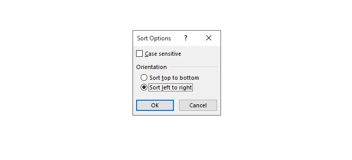 sort options dialogue box left to right
