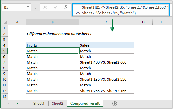 =IF(Sheet1!B5 <> Sheet2!B5, "Sheet1:"&Sheet1!B5&" VS. Sheet2:"&Sheet2!B5, "Match")