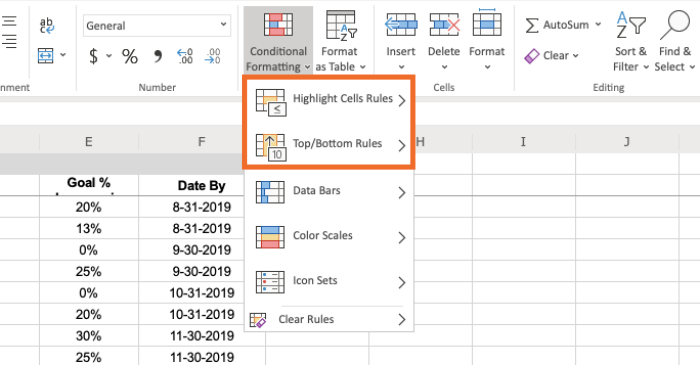 Highlight cells rules and Top Bottom rules under Conditional formatting