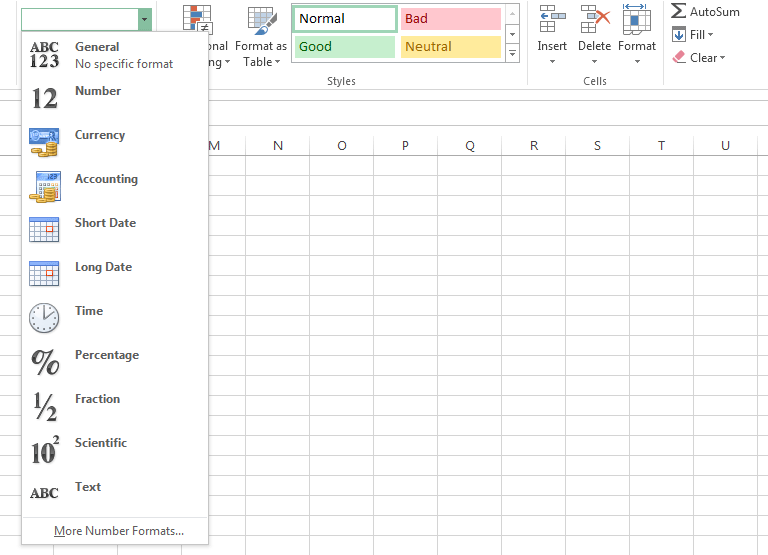 screenshot of the Excel formatting options