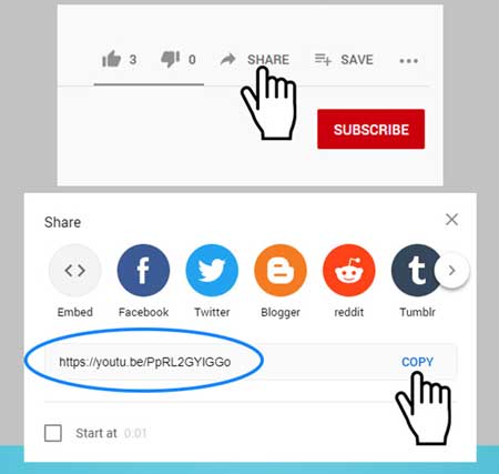 روی دکمه share کلیک کرده و آدرس ویدئو را کپی کنید.
