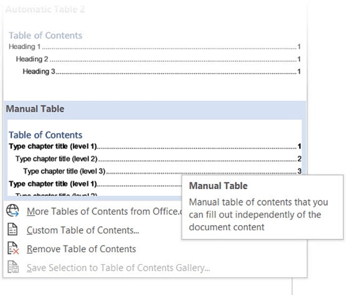 تب References قسمت Table of Contents بروید و از فهرست آن، گزینه Manual Table را انتخاب کنید.