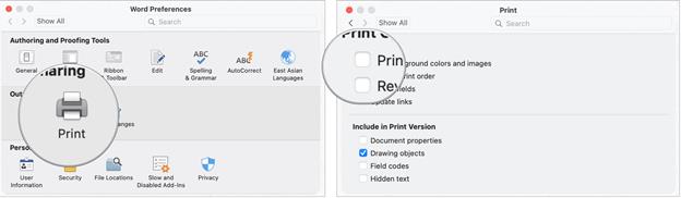 در زیر بخش Output and Sharing گزینه Print را انتخاب کنید. روی Print background colors and images در بخش Printing Options کلیک کنید