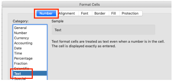 روی Format Cells کلیک کنید ، روی Number کلیک کنید ، روی Text کلیک کنید