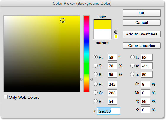 Choosing yellow for the new Background color from the Color Picker. 