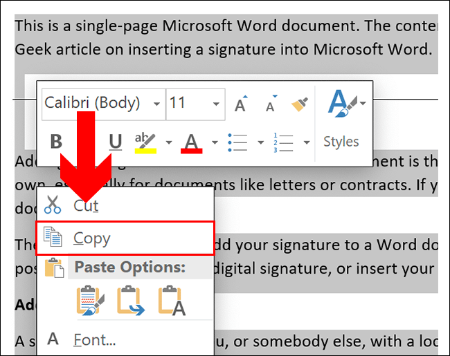 To copy in a Word document, select your content, then press either Ctrl + C or right-click and click Copy