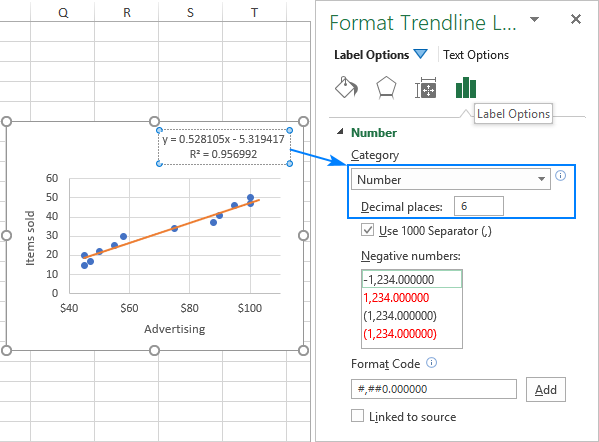 excel trendline equation decimal places