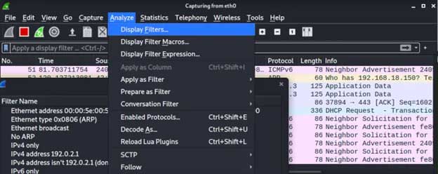 ایرشارک فیلترهای پیش فرض را در بخش Analyze و گزینه Display Filters درج می کند