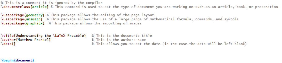Screen capture of LaTeX code showing the preamble of a document. 