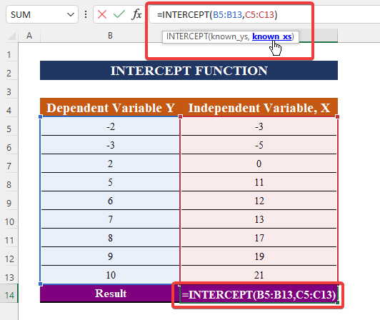 Basic Use INTERCEPT Function in Excel