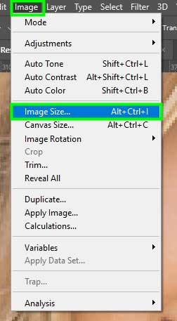 حالا به Image و سپس به Image Size بروید Alt + Control + I (در ویندوز) و Option + Command + I (در مک) استفاده کنید.