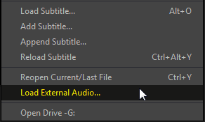 A screenshot showing the load external audio option inside PotPlayer's context menu.