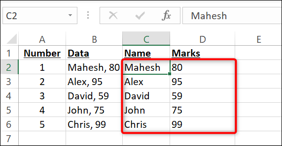 Single cell data split into multiple cells in Excel.