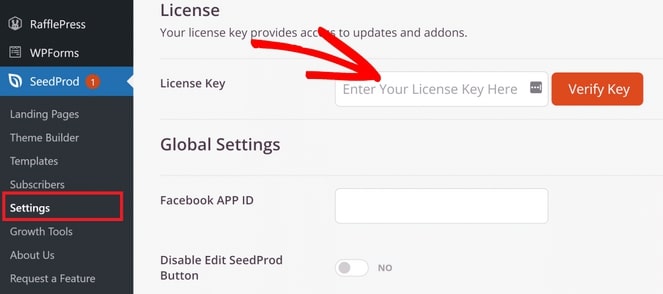 داشبورد مدیریت وردپرستان و به SeedProd»Settings بروید. کلید مجوزی که کپی کرده اید را در فیلد ارائه شده وارد و روی دکمه Verify Key کلیک کنید.