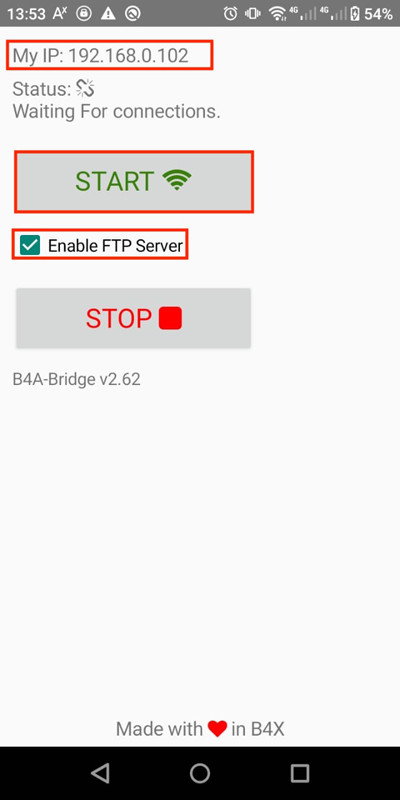 برنامه B4A-Bridge را باز کنید، Enable FTP Serverرا تیک بزنید و اتصال را فعال کنید.