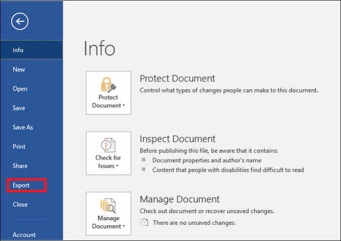 Word 2016 Export